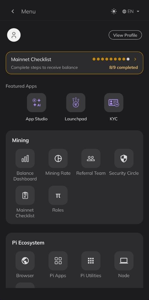 pi mining app side menu redesign dark mode